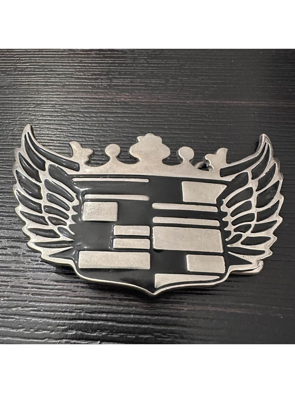 Cadillac Crest Wings Belt Buckle Black Silver Enamel Unmarked EUC